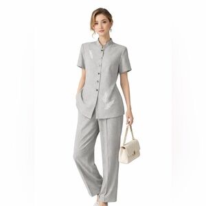 D.J. Summers Vintage Gray Embroidered Two-Piece Blouse / Trousers Set - Size 16P